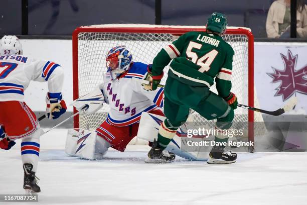 Ivan Lodnia of the Minnesota Wild scores a goal on Igor Shesterkin of the New York Rangers during Day-4 of the NHL Prospects Tournament at Centre Ice...