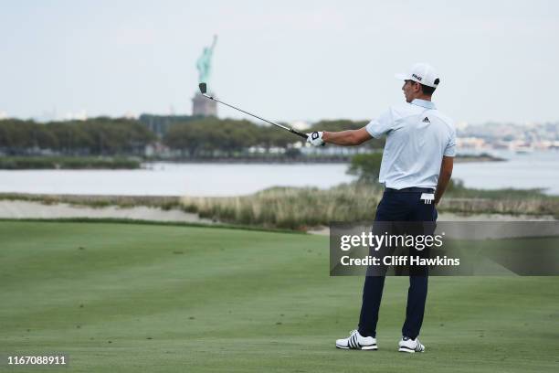 Joaquin Niemann of Chile looks on from the 18th hole during the second round of The Northern Trust at Liberty National Golf Club on August 09, 2019...
