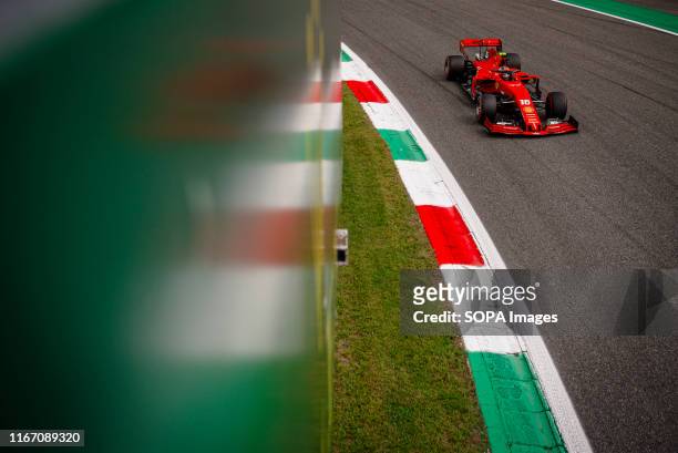 Scuderia Ferraris Monegasque driver Charles Leclerc competes during the third practice session of the Italian F1 Grand Prix at the Autodromo...
