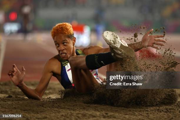 Yulimar Rojas Rodriguez of Venezuela competes in Women's Triple Jump Final on Day 14 of Lima 2019 Pan American Games at Athletics Stadium of Villa...