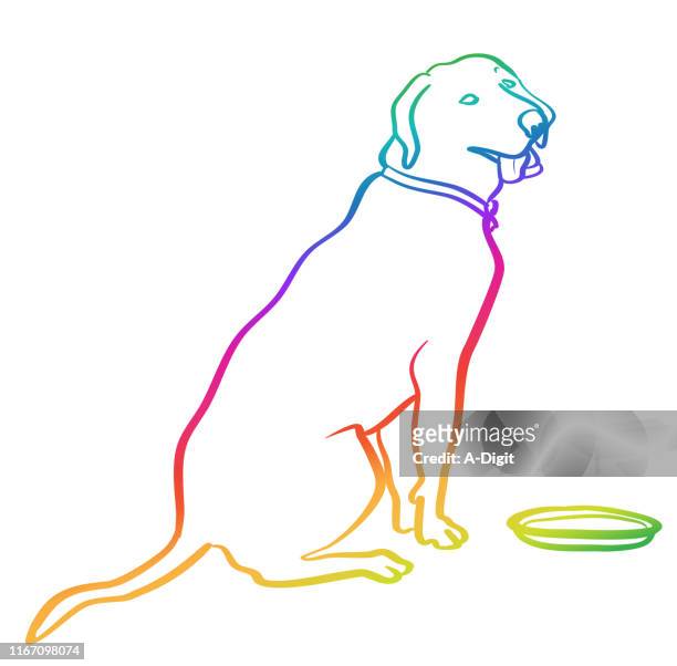 happy dog sitting rainbow - dog sketch stock illustrations