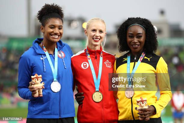 Anna Cockrell of United States , Sage Watson of Canada and Rushek Clayton of Jamaica in the podium of Women's 400m Hurdles Final on Day 14 of Lima...