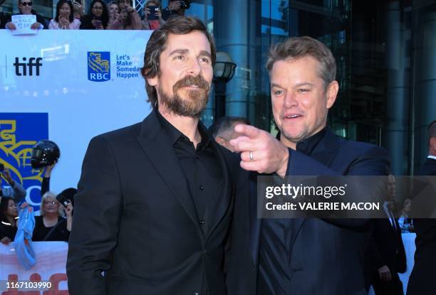 Actors Christian Bale and Matt Damon attend the "Ford v Ferrari" premiere at the Roy Thompson Hall during the 2019 Toronto International Film...