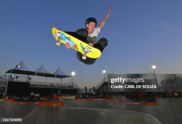 Three-time Olympic gold medalist freestyle snowboarder Shaun White during a practice session at the World Park Skateboarding Championship in Sao...