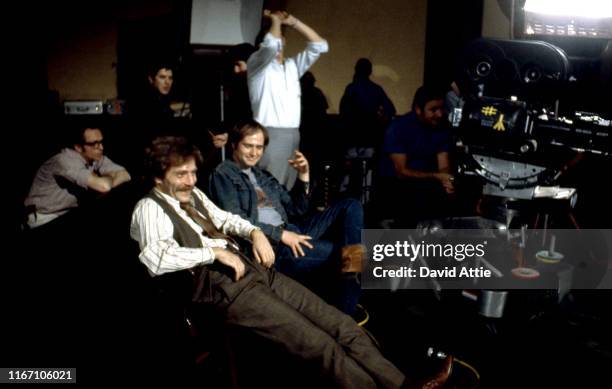 Actor George Segal and actor Rob Reiner on the set of the Carl Reiner movie "Where's Poppa?" in May, 1970 in Long Island, New York.