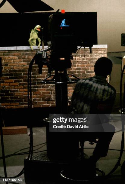 Muppet Kermit the Frog during the taping of an episode of Sesame Street at Reeves TeleTape Studio in March, 1970 in New York City, New York.