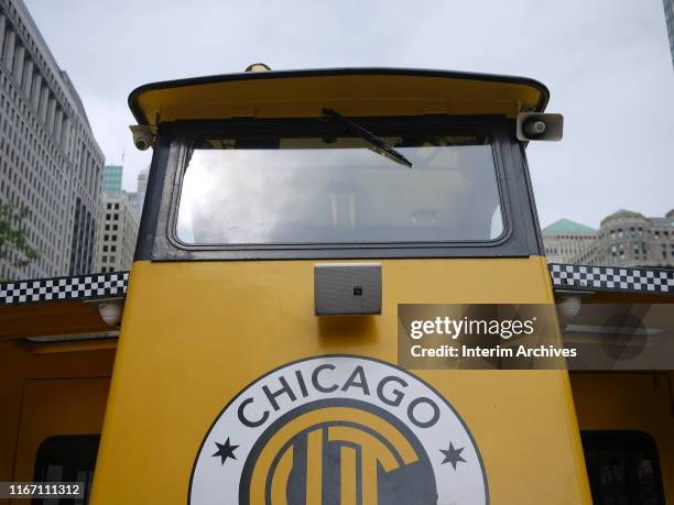 View of the wheelhouse of a Chicago Water Taxi boat on the Chicago River, July 2019.