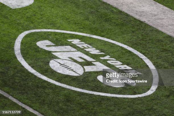 General view of the New York Jets logo during the first quarter of the National Football League game between the New York Jets and the Buffalo Bills...