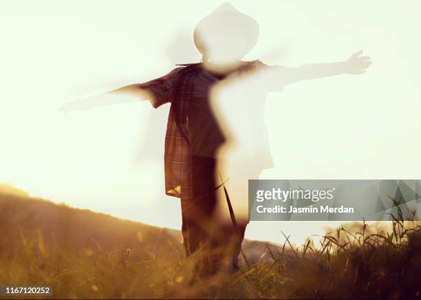 abstract kid sunset silhouette multiple exposure - double exposure running stock pictures, royalty-free photos & images