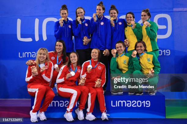 Teams of Canada , United States and Brazil in the podium of Women's 4x200m Freestyle Relay Final on Day 14 of Lima 2019 Pan American Games at...