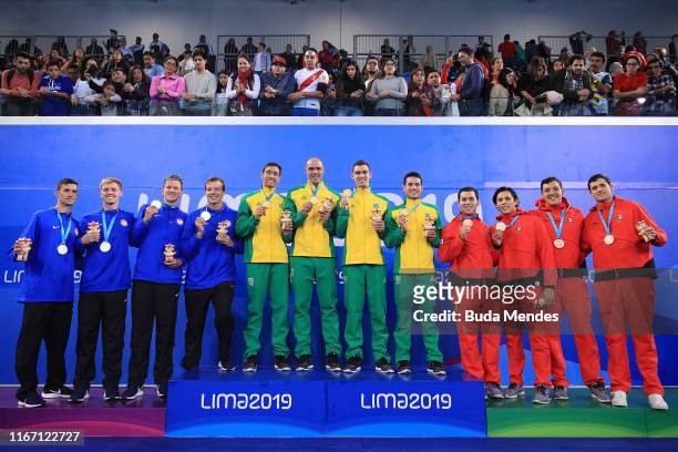 Team of United States , Brazil and Mexico in the podium of Men's 4x200m Freestyle Relay Final on Day 14 of Lima 2019 Pan American Games at Aquatics...