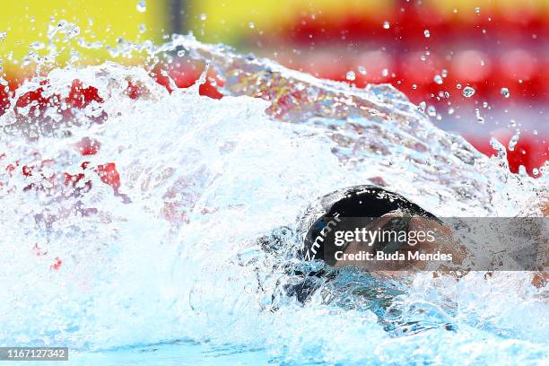 Joao de Lucca of Brazil competes in Men's 4x200m Freestyle Relay Final on Day 14 of Lima 2019 Pan American Games at Aquatics Center of Villa...