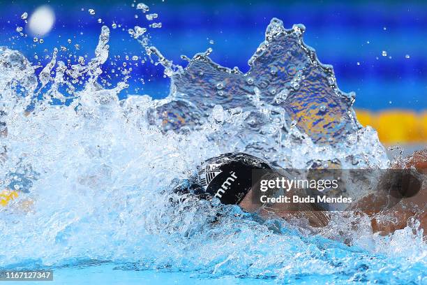 Joao de Lucca of Brazil competes in Men's 4x200m Freestyle Relay Final on Day 14 of Lima 2019 Pan American Games at Aquatics Center of Villa...