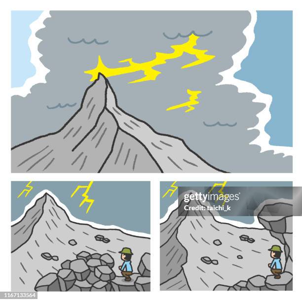 lightning strike at the ridgeline - rock wall climbing stock illustrations