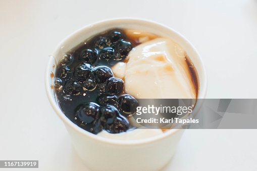 Taho or tapioca pudding on a disposable cup