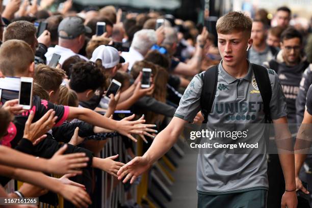 Jack Clarke of Leeds United arrives prior to the Sky Bet Championship match between Leeds United and Nottingham Forest at Elland Road on August 10,...