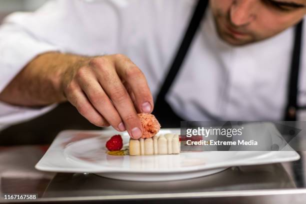chef adding a goose pâté on top of a molecular cuisine meal on a plate - molecular gastronomy stock pictures, royalty-free photos & images
