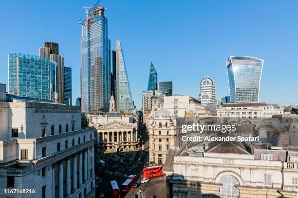 high angle view of city of london financial district and royal exchange building - bank of england stock pictures, royalty-free photos & images