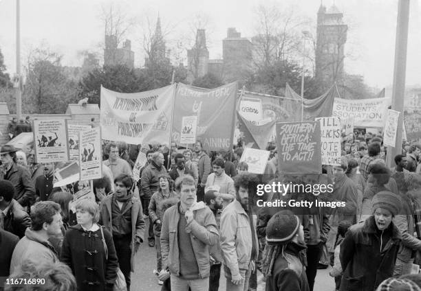 Anti apartheid in South Africa protesters demonstrate during the Wales vs Welsh Presidents match on 7th April 1984 at the Cardiff Arms Park in...