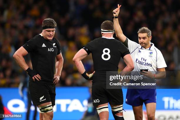 Scott Barrett of New Zealand is shown the red card during the 2019 Rugby Championship Test Match between the Australian Wallabies and the New Zealand...