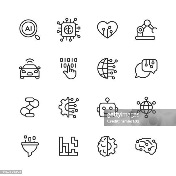 stockillustraties, clipart, cartoons en iconen met kunstmatige intelligentie lijn iconen. bewerkbare lijn. pixel perfect. voor mobiel en internet. bevat iconen als kunstmatige intelligentie, machine learning, internet of things, big data, netwerktechnologie, robot, finance cloud computing. - machinaal leren