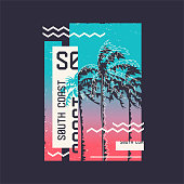 South coast. Graphic t-shirt design on the topic of summer, holidays, beach, seacoast, tropics.