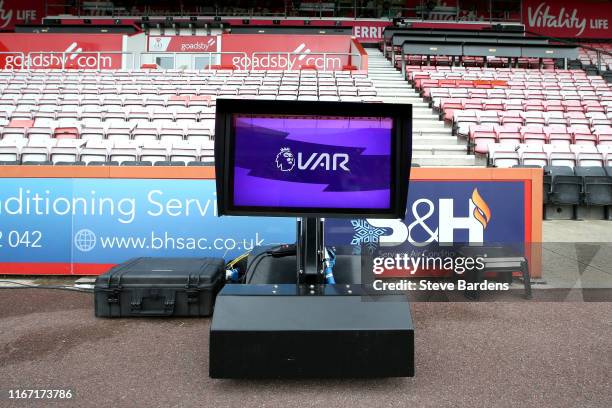 The VAR review monitor is seen prior to the Premier League match between AFC Bournemouth and Sheffield United at Vitality Stadium on August 10, 2019...