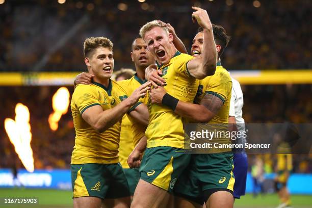 Reece Hodge of Australia celebrates his try during the 2019 Rugby Championship Test Match between the Australian Wallabies and the New Zealand All...