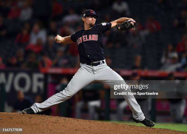 Cleveland Indians pitcher Tyler Clippard in action during the ninth inning of a game against the Los Angeles Angels played on September 9, 2019 at...