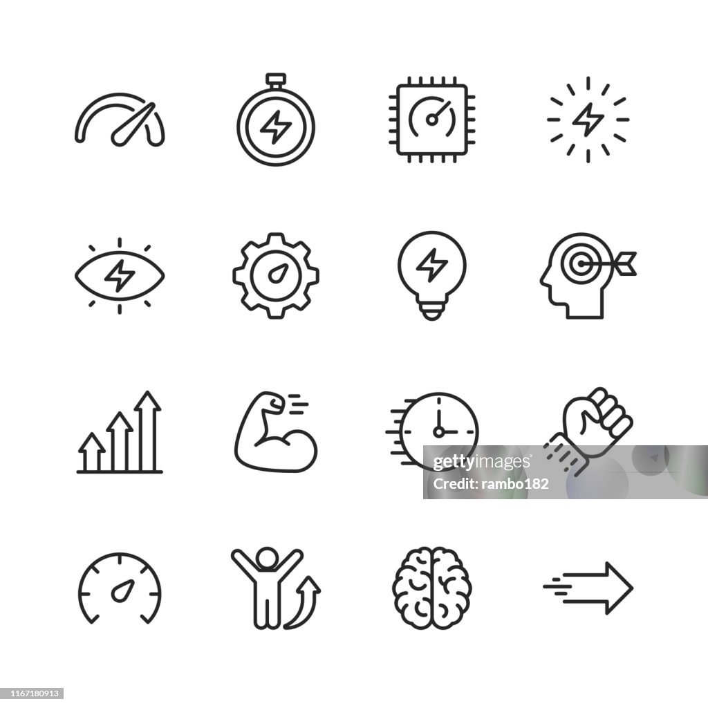 Icone della linea di prestazioni. Tratto modificabile. Pixel Perfetto. Per dispositivi mobili e Web. Contiene icone come Prestazioni, Crescita, Feedback, Corsa, Tachimetro, Autorità, Successo.
