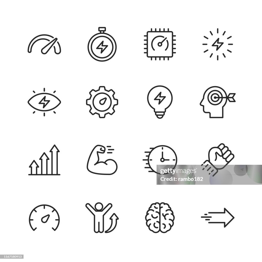 Performance Line Icons. Editable Stroke. Pixel Perfect. For Mobile and Web. Contains such icons as Performance, Growth, Feedback, Running, Speedometer, Authority, Success.