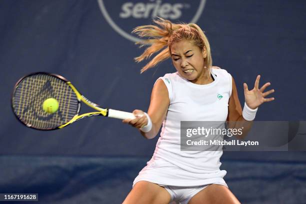 Zarina Diyas of Kazakhstan returns a shot from Camilla Giorgi of France during Day 5 of the Citi Open at Rock Creek Tennis Center on August 2, 2019...