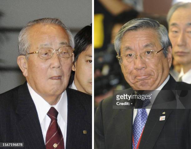 Combo picture shows Japan's high-tech giant kyocera founder Kazuo Inamori , taken on January 13, 2010 and Japan Airlines president Haruka Nishimatsu,...