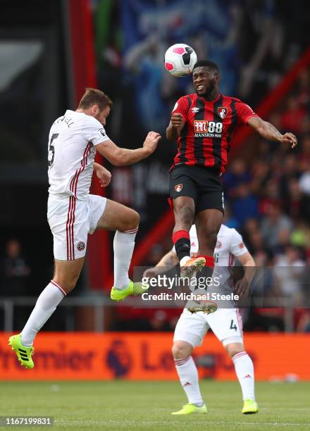 Jefferson Lerma of AFC Bournemouth wins a header during the Premier League match between AFC Bournemouth and Sheffield United at Vitality Stadium on...