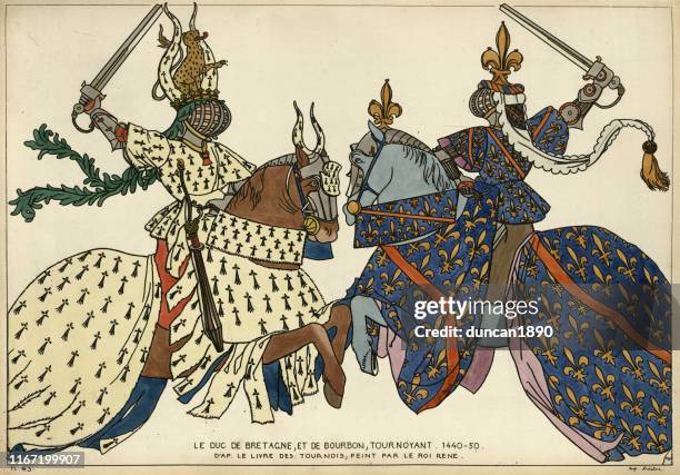 knights, medieval tournament, dukes of brittany and bourbon in combat - medieval stock illustrations