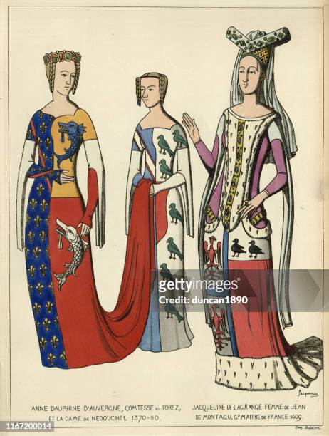 fashions middle ages, french noble women, dresses with heraldic insignia - circa 14th century stock illustrations