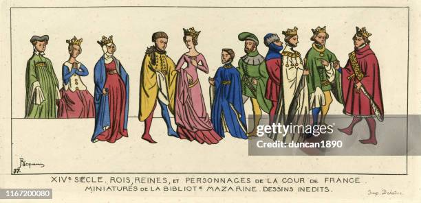 französische könige, königinnen und adlige, mittelalterliche kostüme, 14. jahrhundert - circa 14th century stock-grafiken, -clipart, -cartoons und -symbole