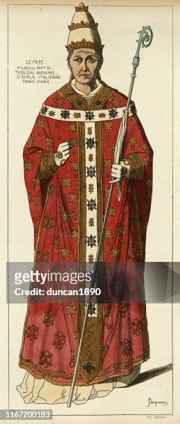 mittelalterlicher papst trägt roben, päpstliche diadem, mit bischofsstab, 14. jahrhundert - circa 14th century stock-grafiken, -clipart, -cartoons und -symbole