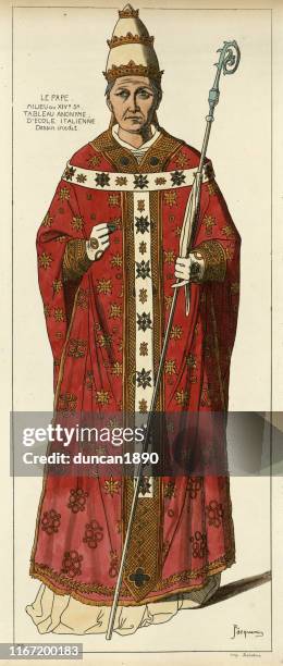 ilustrações, clipart, desenhos animados e ícones de vestes desgastando do papa medieval, tiara papal, prendendo o crosier, século xiv - manto de cerimônia