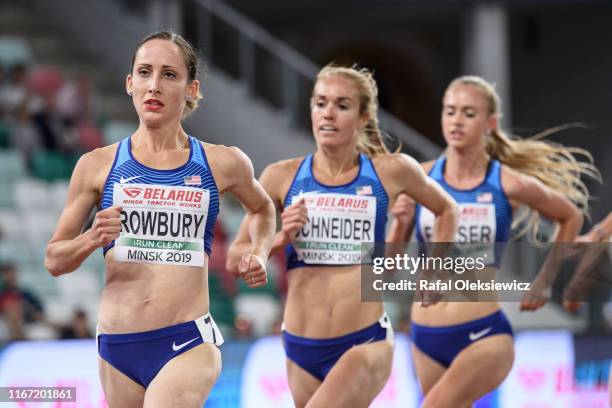 Shannon Rowbury of United States of America, Rachel Schneider of United States of America, Vanessa Fraser of United States of America competes in...