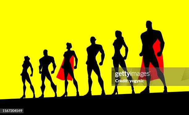 ilustrações de stock, clip art, desenhos animados e ícones de vector superhero team silhouette illustration - alto altura humana