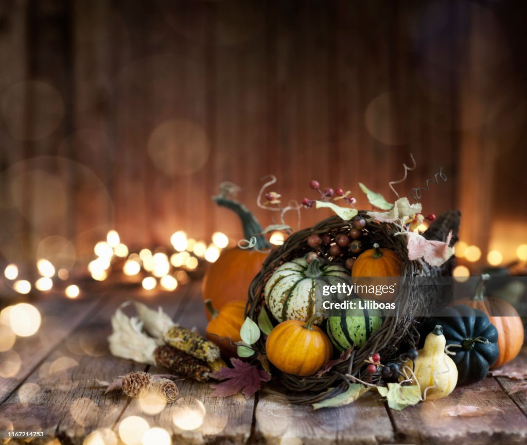 Autumn Thanksgiving Cornucopia on a Wood Background