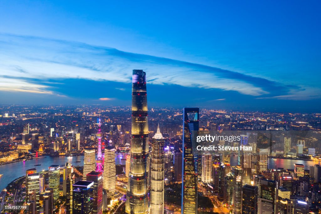 Nightscape of lujiazui in Shanghai at dusk