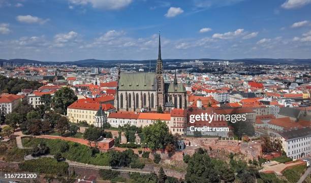 aerial panorama of cathedral of st. peter and paul and old town brno, south moravia, czech republic. - brno stock pictures, royalty-free photos & images