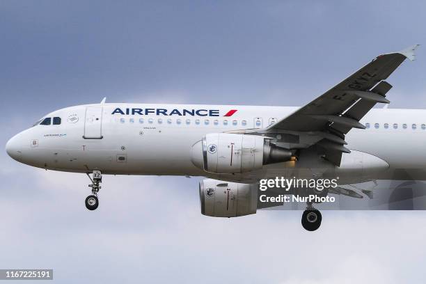 Air France Airbus A320 as seen from Myrtle avenue on final approach landing at London Heathrow International Airport LHR EGLL in England, UK on 23...