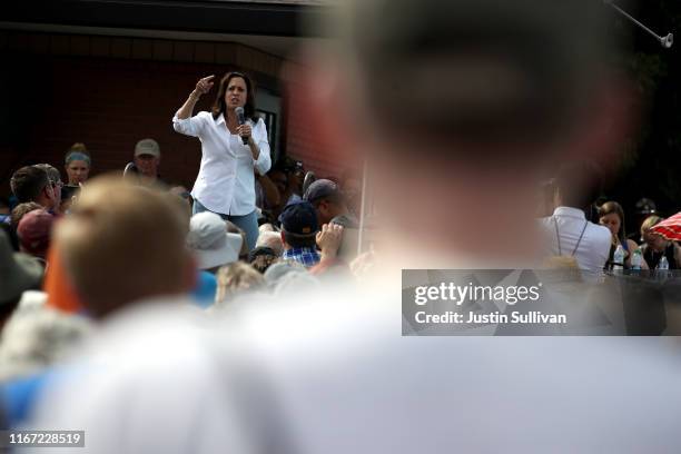 Democratic presidential candidate U.S. Sen. Kamala Harris speaks on the Soapbox stage during the Iowa State Fair on August 10, 2019 in Des Moines,...