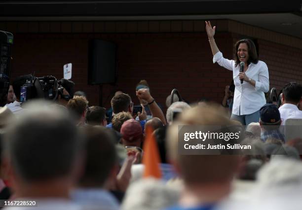 Democratic presidential candidate U.S. Sen. Kamala Harris speaks on the Soapbox stage during the Iowa State Fair on August 10, 2019 in Des Moines,...