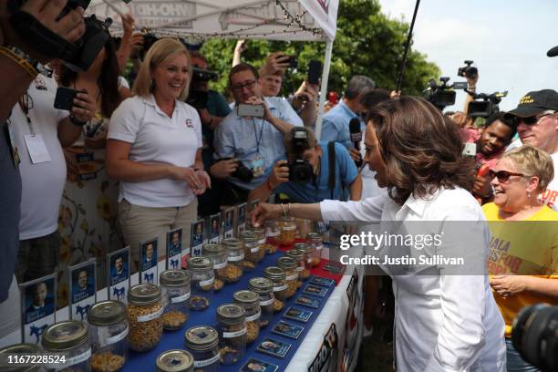 Democratic presidential candidate U.S. Sen. Kamala Harris casts her vote in the 'Cast Your Kernel' election while attending the Iowa State Fair on...