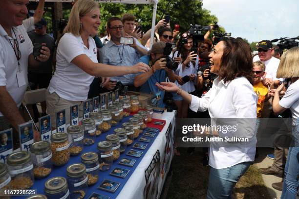 Democratic presidential candidate U.S. Sen. Kamala Harris casts her vote in the 'Cast Your Kernel' election while attending the Iowa State Fair on...