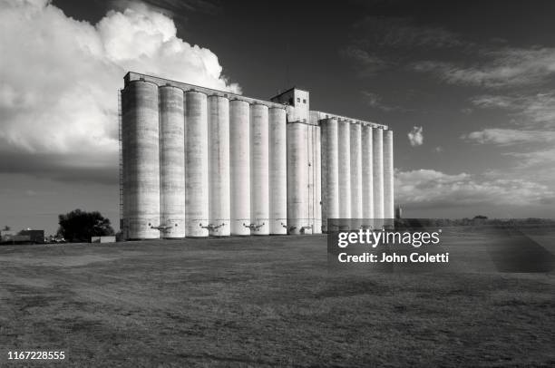 grain elevators, stockpiling grain, dodge city, kansas - dodge-city-kansas stockfoto's en -beelden